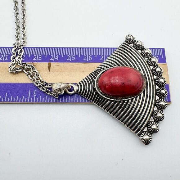 Vintage Tribal Triangle Pendant Necklace Pink Stone Boho Chic Versatile Fan - Picture 12 of 12